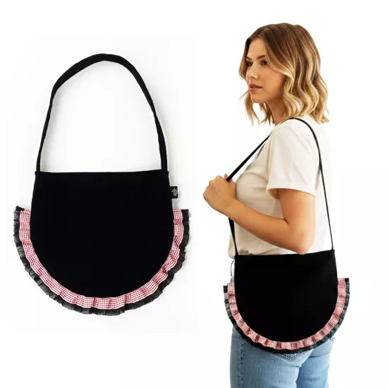Woodycord El Yapımı Siyah Kadife Fırfırlı Oval Omuz Çantası