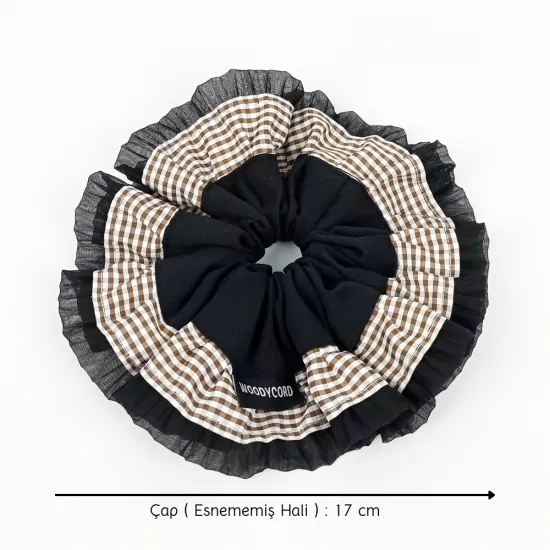 Woodycord El Yapımı Hacimli Scrunchie Topuz Tokası  Ekoseli Fırfırlı Tasarım