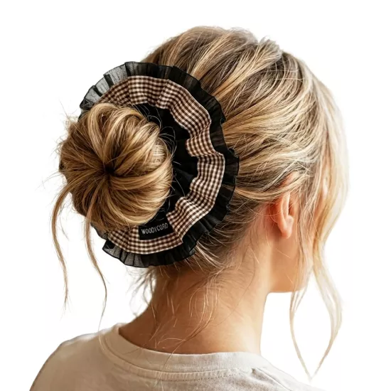 Woodycord El Yapımı Hacimli Scrunchie Topuz Tokası  Ekoseli Fırfırlı Tasarım