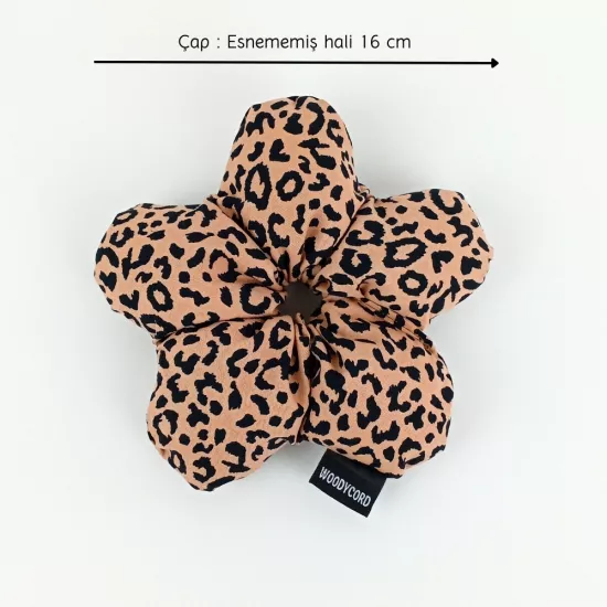 WoodyCord Marka El Yapımı Leopar Çiçek Pofuduk Scrunchie Toka