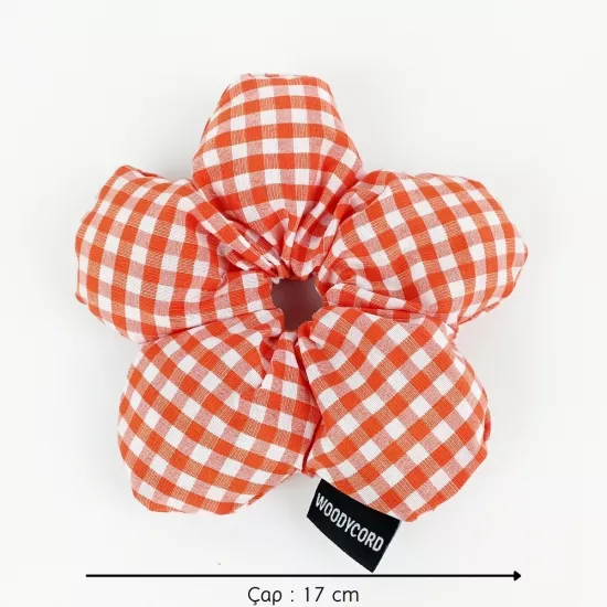 WoodyCord El Yapımı Turuncu Beyaz Pötikareli Pofuduk Scrunchie Toka - Klasik ve Hacimli