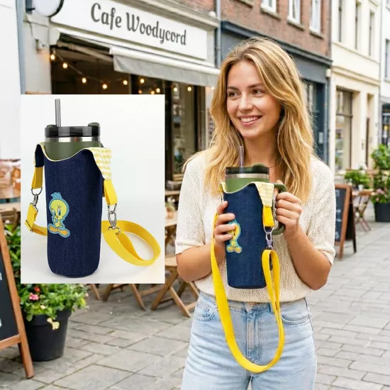 Woodycord El Yapımı Tweety Kot Matara Termos Kılıfı Kulplu Model Quencher Pipetli 1,18