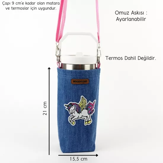 Woodycord 1 Litrelik Kot Termos Matara Kılıfı Unicorn Pembe Askı