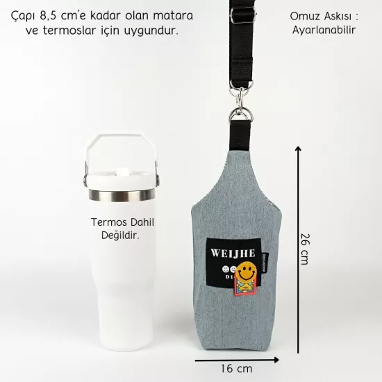 Woodycord El Yapımı U Model Gri Kot Smiley Termos Kılıfı  iceflow 0,89