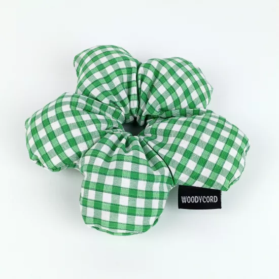 Woodycord El Yapımı Elyaf Dolgulu Scrunchie Topuz Tokası Yeşil Beyaz Pötikare