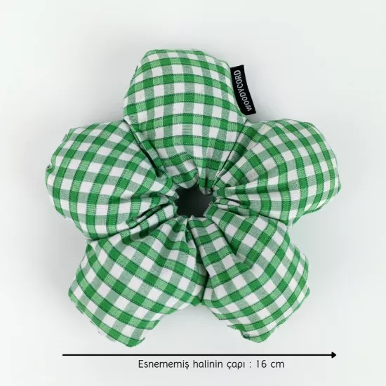 Woodycord El Yapımı Elyaf Dolgulu Scrunchie Topuz Tokası Yeşil Beyaz Pötikare