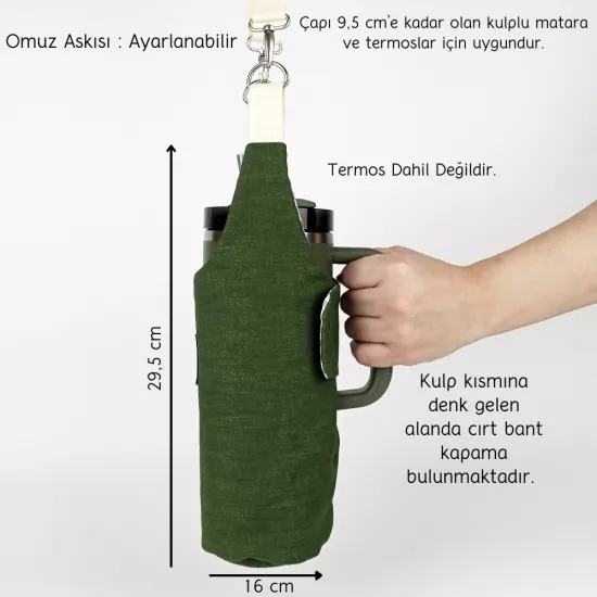 Woodycord El Yapımı Düz Yeşil Kulplu Termos Kılıfı Kulplu Model Quencher Pipetli 1,18