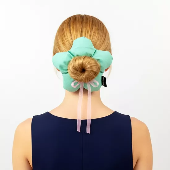 WoodyCord El Yapımı Mint Yeşili Pembe Fiyonklu Çiçek Scrunchie Topuz Tokası