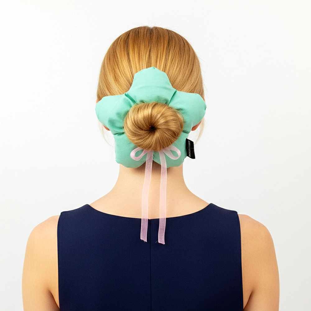 WoodyCord%20El%20Yapımı%20Mint%20Yeşili%20Pembe%20Fiyonklu%20Çiçek%20Scrunchie%20Topuz%20Tokası
