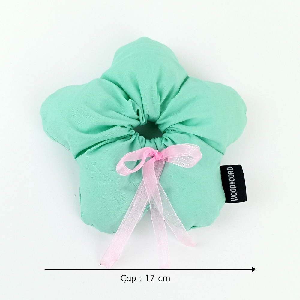WoodyCord%20El%20Yapımı%20Mint%20Yeşili%20Pembe%20Fiyonklu%20Çiçek%20Scrunchie%20Topuz%20Tokası